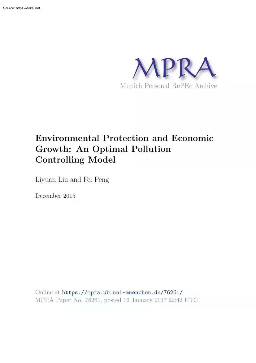 Liu-Peng - Environmental Protection and Economic Growth, An Optimal Pollution Controlling Model