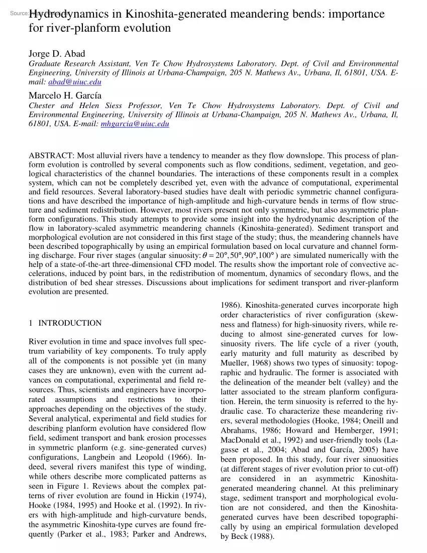 Hydrodynamics in Kinoshita-generated meandering bends, importance for river-planform evolution