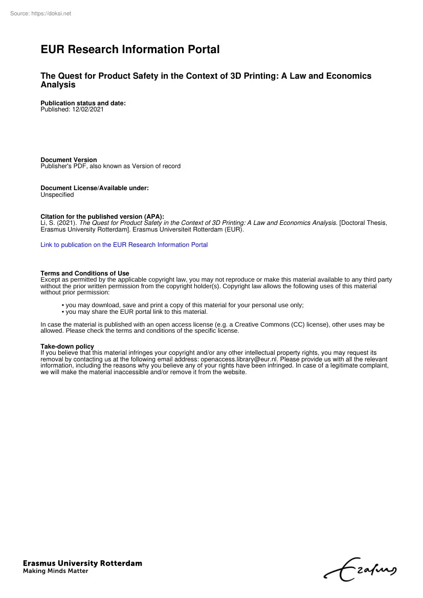 Shu Li - The Quest for Product Safety in the Context of 3D Printing, A Law and Economics Analysis