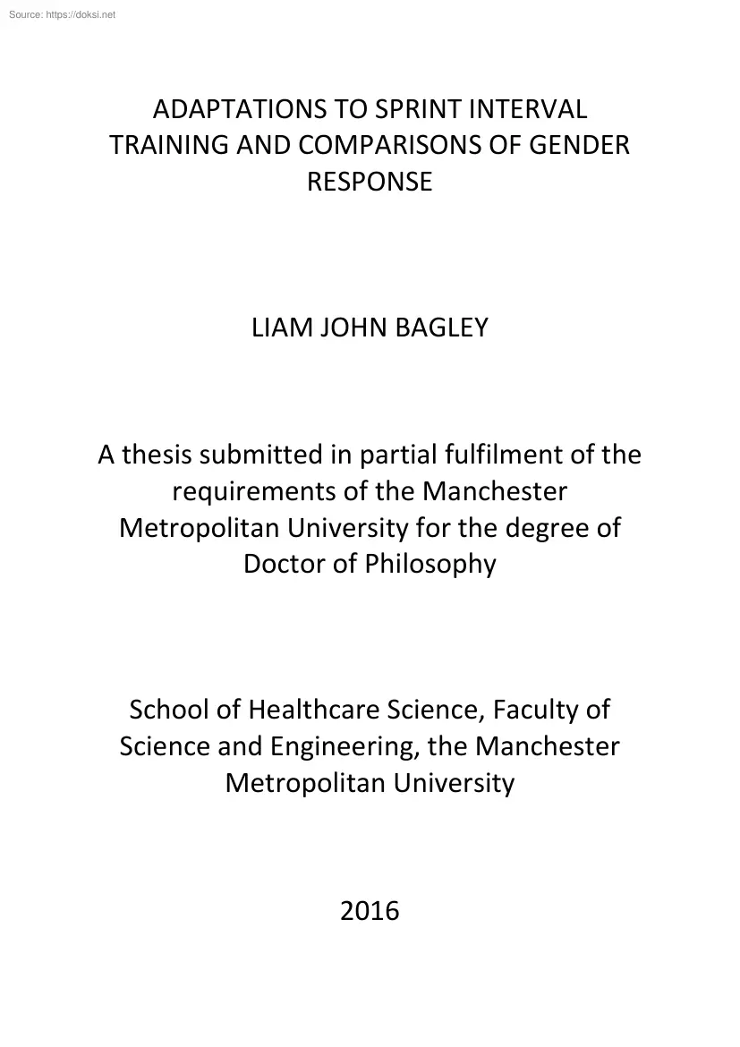 Liam John Bagley - Adaptations to sprint interval training and comparisons of gender response