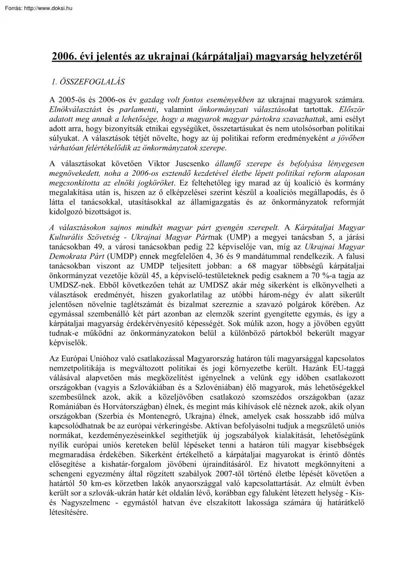 2006. évi jelentés az ukrajnai (kárpátaljai) magyarság helyzetéről