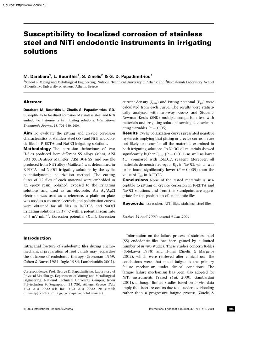 Darabara-Bourithis - Susceptibility to localized corrosion of stainless steel and NiTi endodontic instruments in irrigating solutions