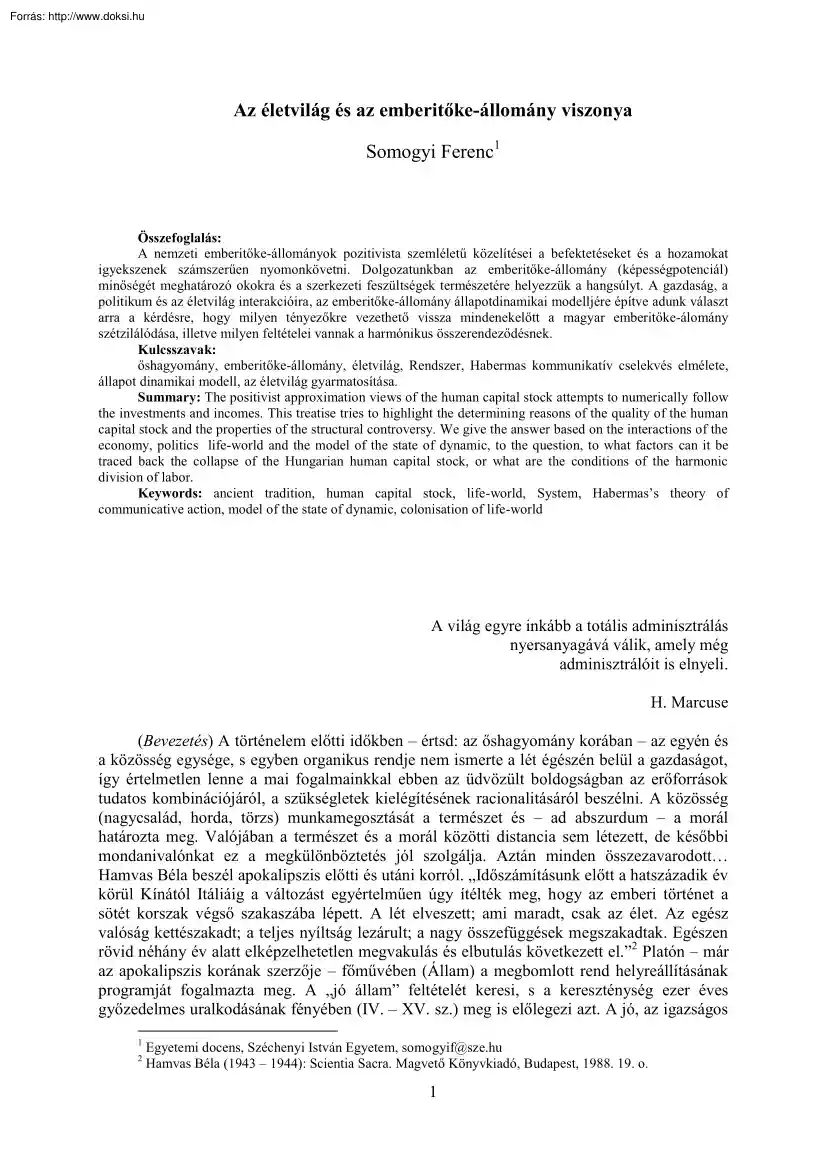 Somogyi Ferenc - Az életvilág és az emberitőke állomány viszonya