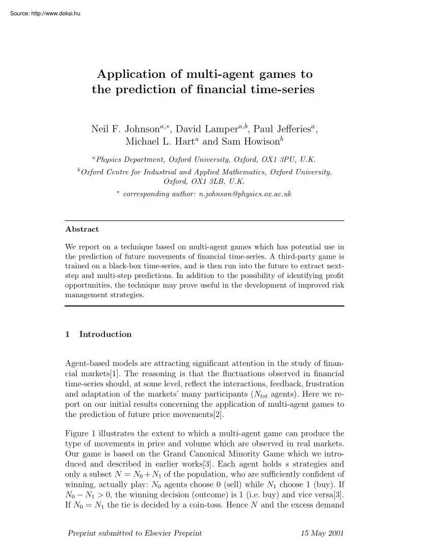 Johnson-Lamper - Application of multi agent games to the prediction of financial time series