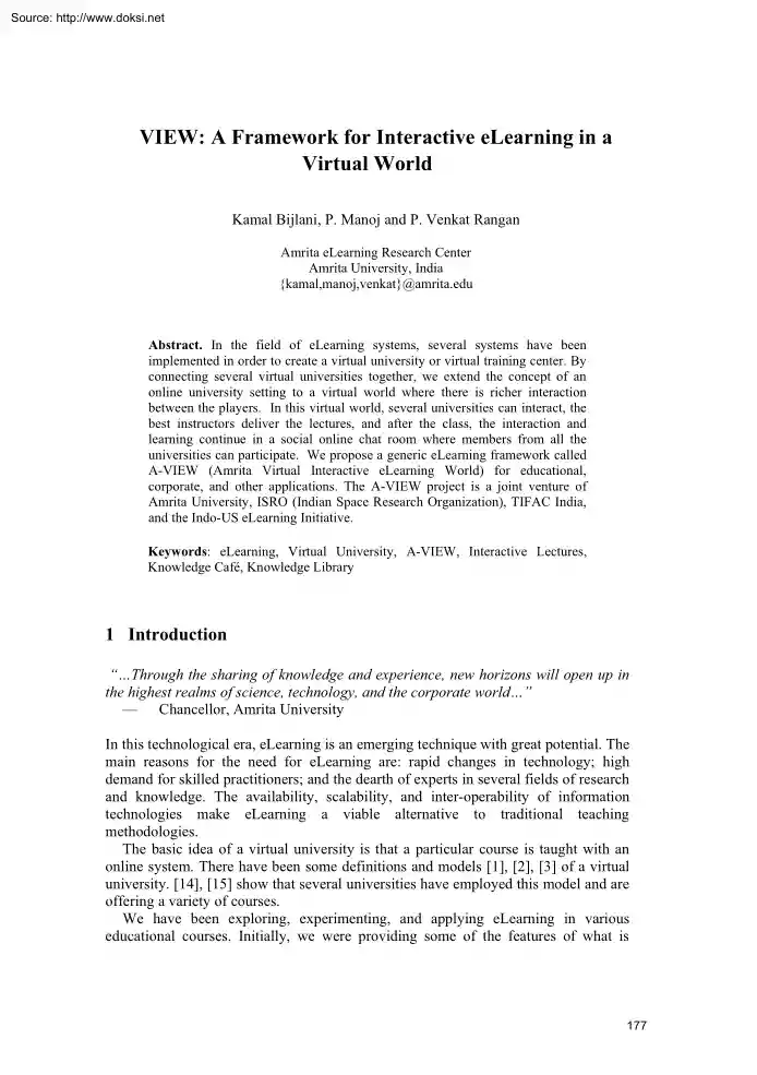 Bijlani-Manoj-Rangan - A Framework for Interactive E-learning in a Virtual World