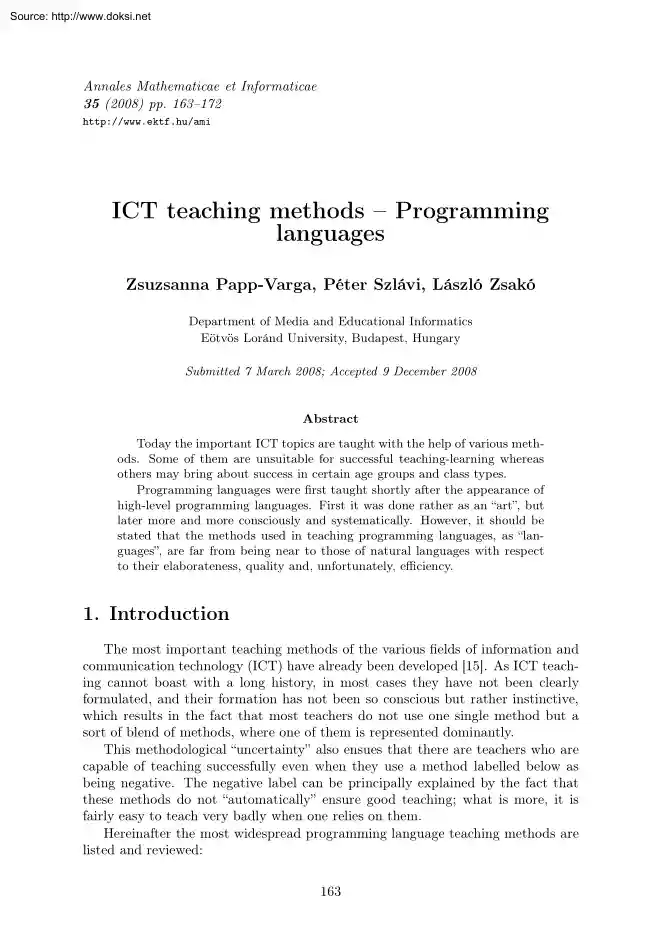 Varga-Szlávi-Zsakó - ICT Teaching Methods, Programming Languages