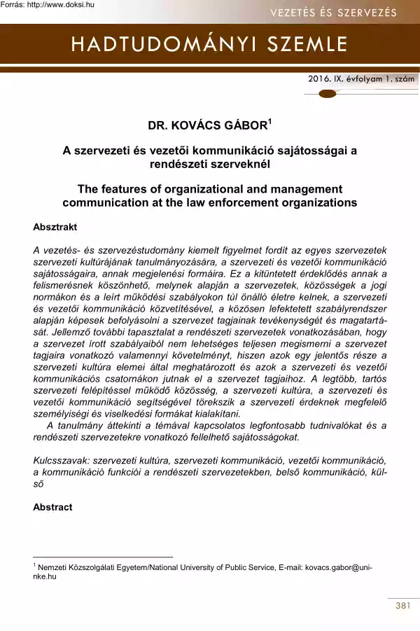 Dr. Kovács Gábor - A szervezeti és vezetői kommunikáció sajátosságai a rendészeti szerveknél