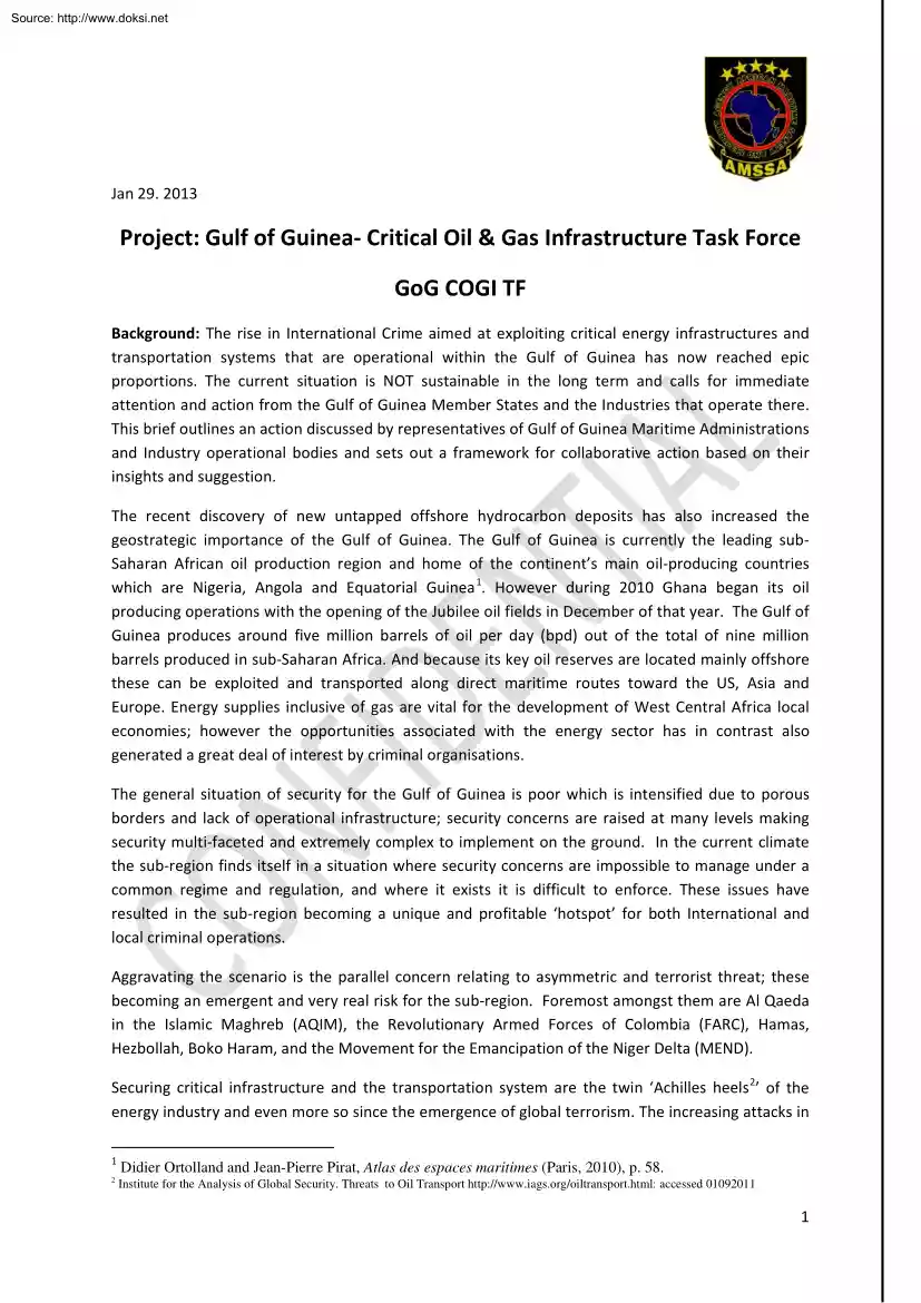 Gulf of Guinea, Critical Oil and Gas Infrastructure Task Force Project