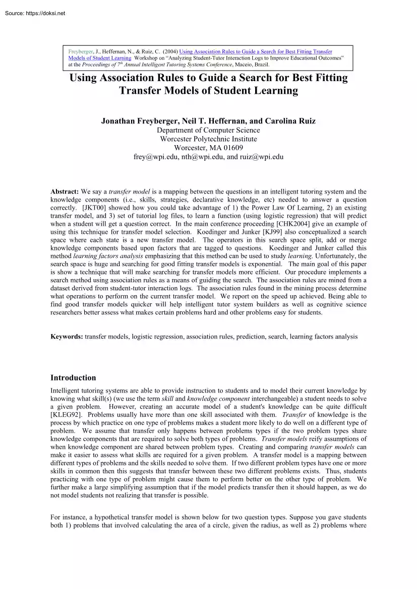 Using Association Rules to Guide a Search for Best Fitting Transfer Models of Student Learning