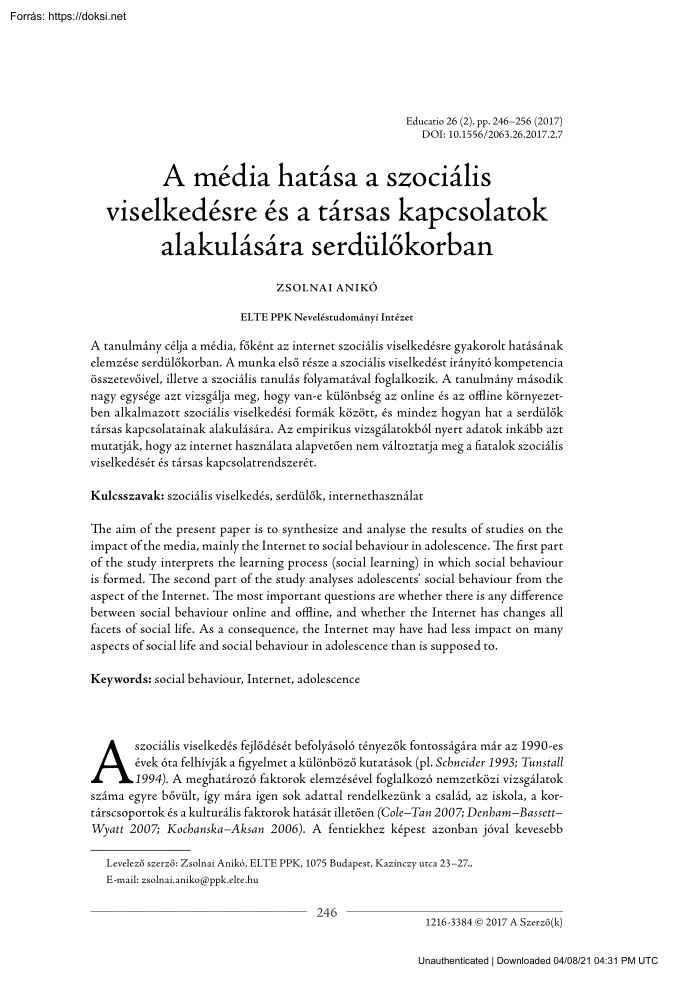 Zsolnai Anikó - A média hatása a szociális viselkedésre és a társas kapcsolatok alakulására serdülőkorban