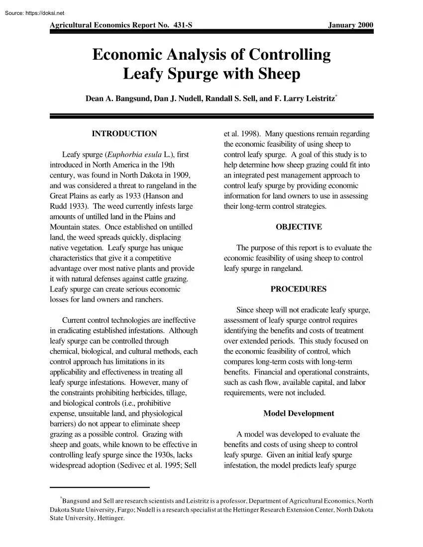 Bangsund-Nudell-Sell - Economic Analysis of Controlling Leafy Spurge with Sheep