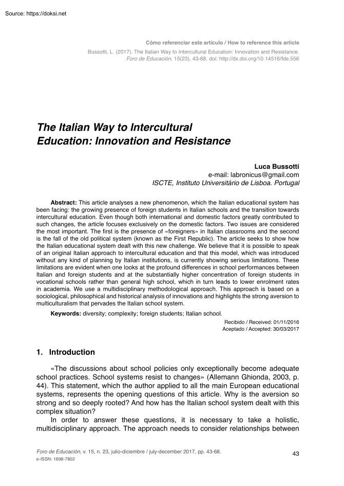 Luca Bussotti - The Italian Way to Intercultural Education, Innovation and Resistance