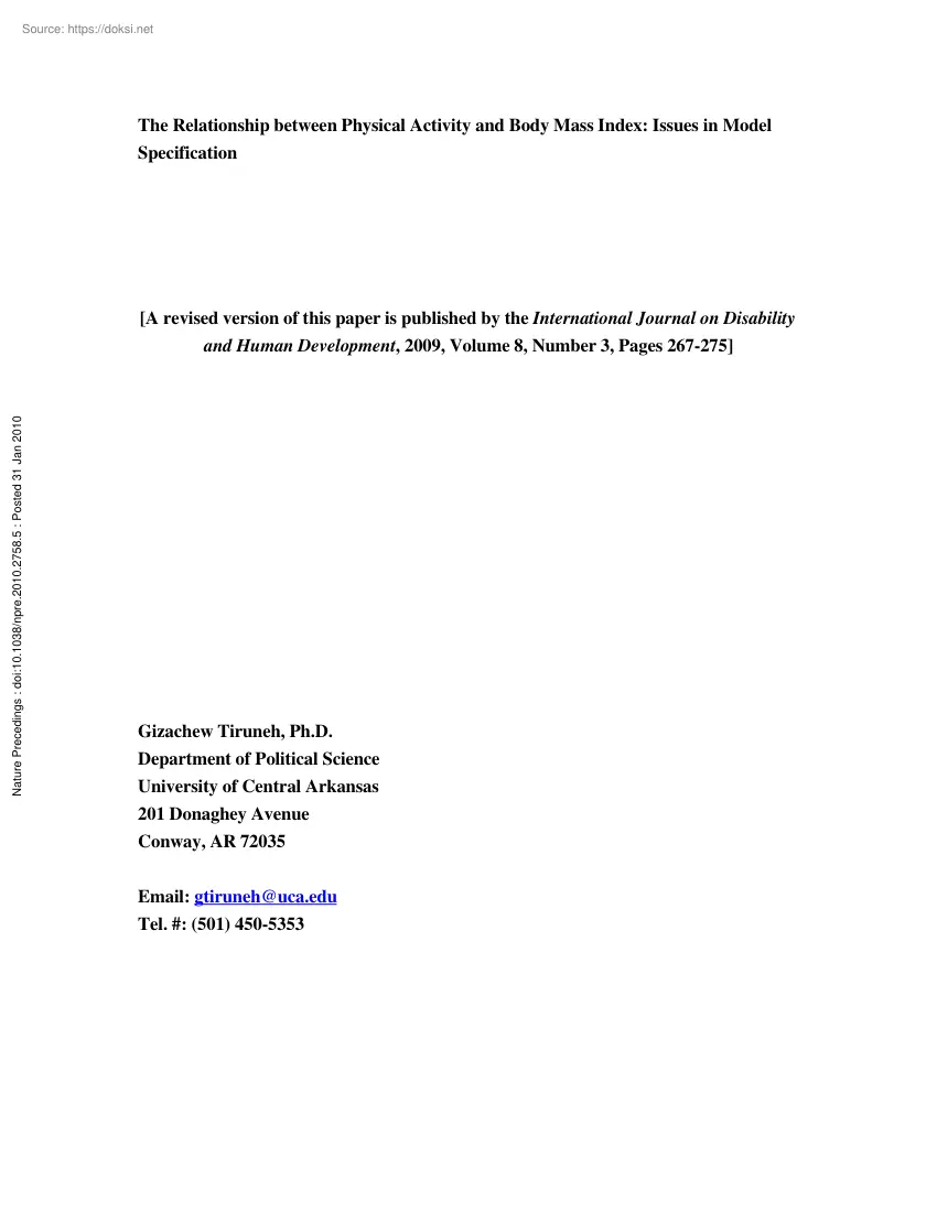 Gizachew Tiruneh - The Relationship between Physical Activity and Body Mass Index, Issues in Model