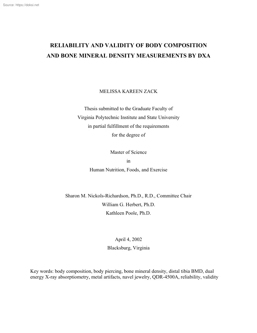 Melissa Kareen Zack - Reliability and validity of body composition and bone mineral density