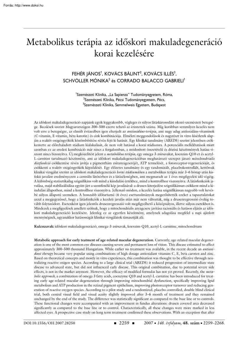 Fehér-Kovács-Kovács - Metabolikus terápia az időskori makuladegeneráció korai kezelésére