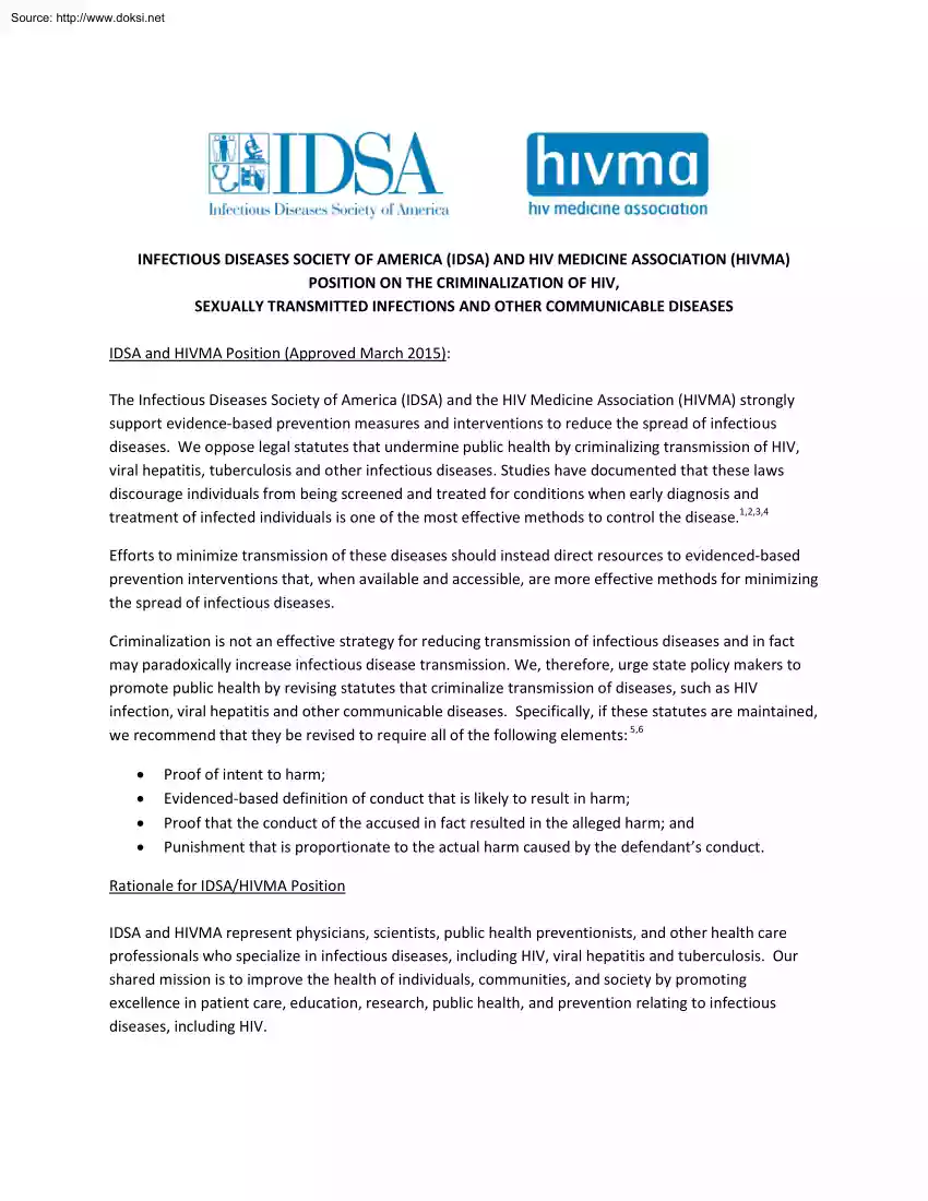 Position on the Criminalization of HIV, Sexually Transmitted Infections and Other Communicable Diseases