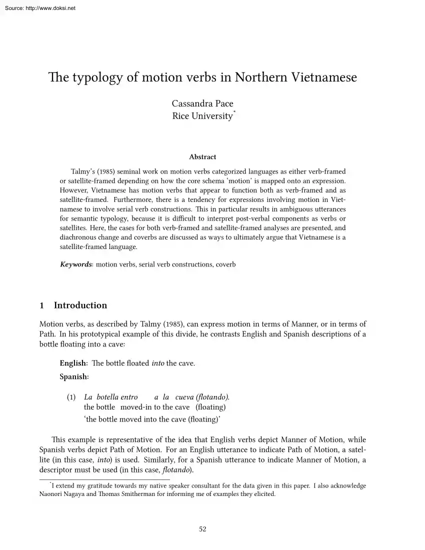 Cassandra Pace - The Typology of Motion Verbs in Northern Vietnamese