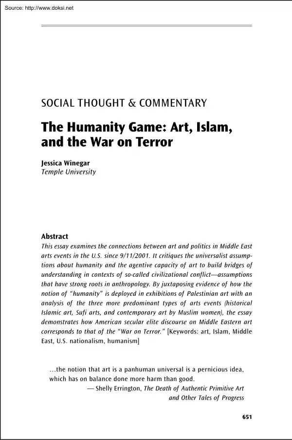 Jessica Winegar - The Humanity Game, Art, Islam, and the War on Terror
