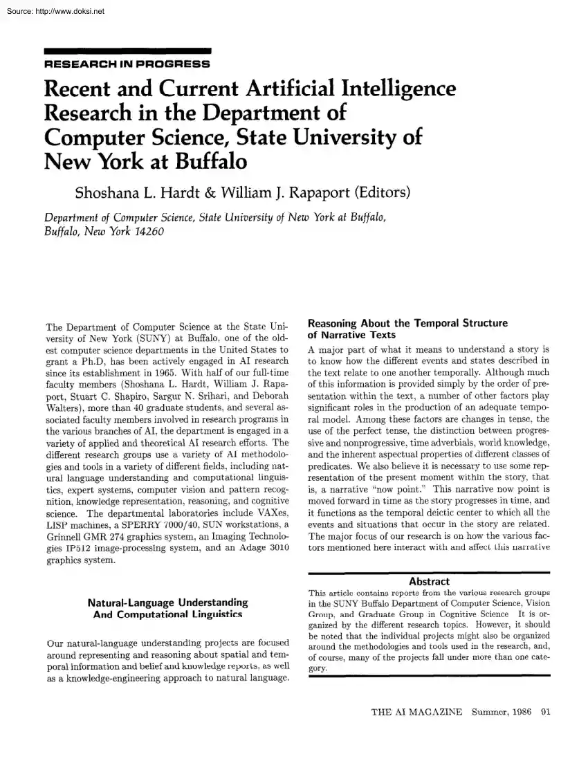 Hardt-Rapaport - Recent and Current Artificial Intelligence Research in the Department of Computer Science, State University of New York at Buffalo