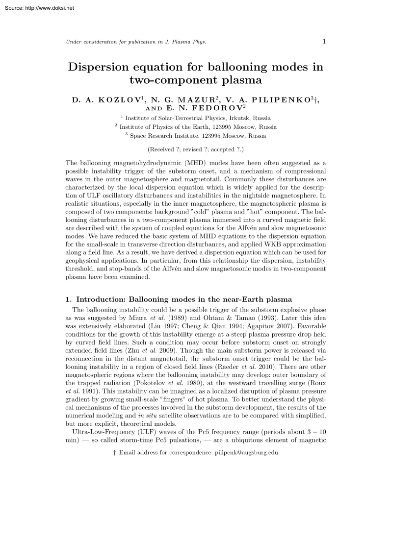 Kozlov-Mazur-Pilipenko - Dispersion Equation for Ballooning Modes in Two Component Plasma