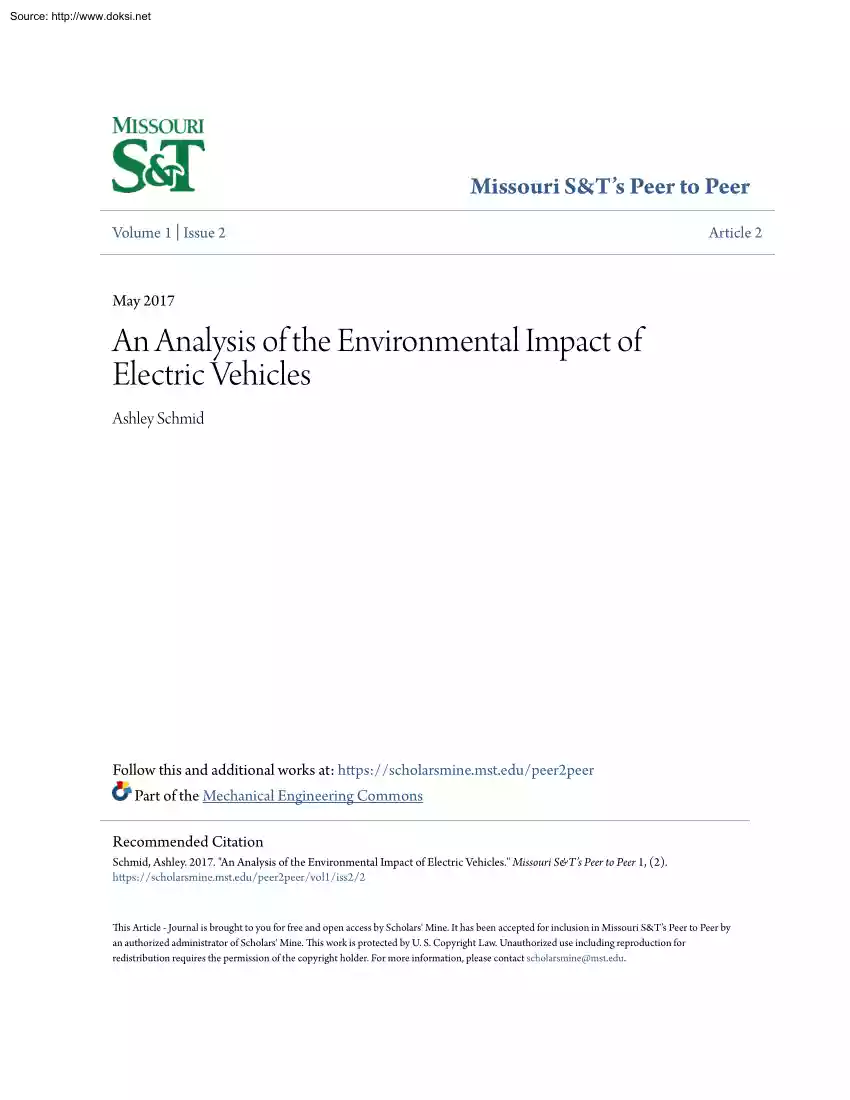 Ashley Schmid - An Analysis of the Environmental Impact of Electric Vehicles