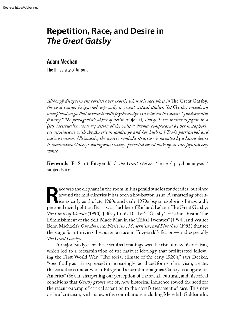 Adam Meehan - Repetition, Race, and Desire in The Great Gatsby