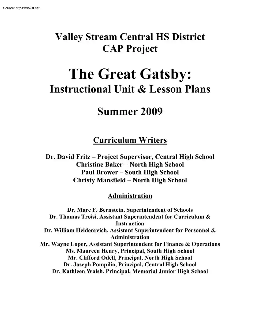The Great Gatsby, Instructional Unit and Lesson Plans
