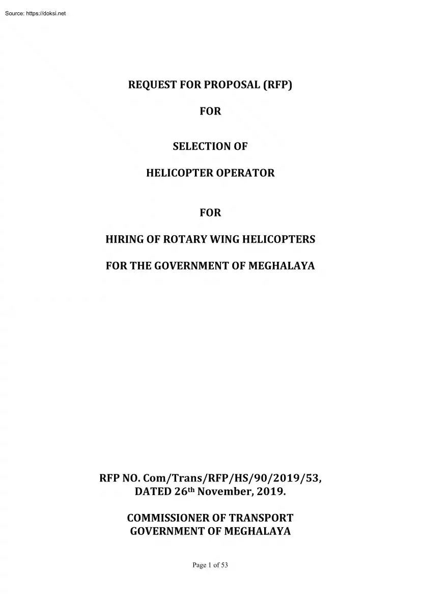 Request for Proposal for Selection of Helicopter Operator for Hiring of Rotary Wing Helicopters for the Government of Meghalaya