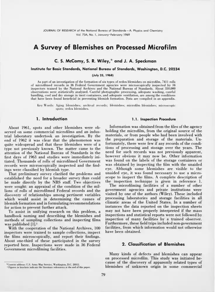McCamy-Wiley-Speckman - A Survey of Blemishes on Processed Microfilm