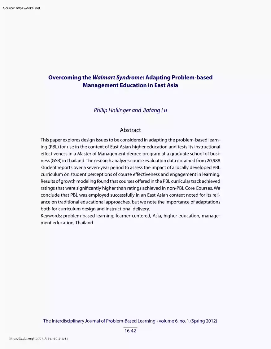 Philip-Jiafang - Overcoming the Walmart Syndrome, Adapting Problem Based Management Education in