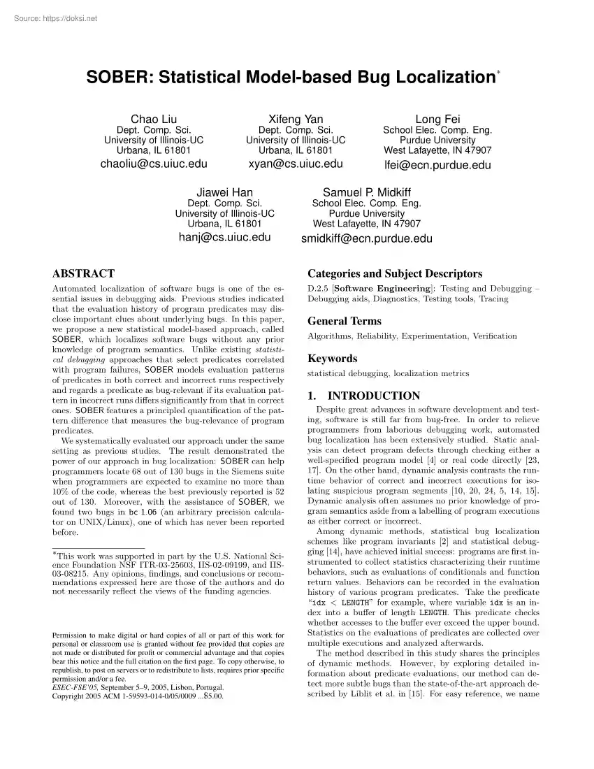 SOBER, Statistical Model-based Bug Localization