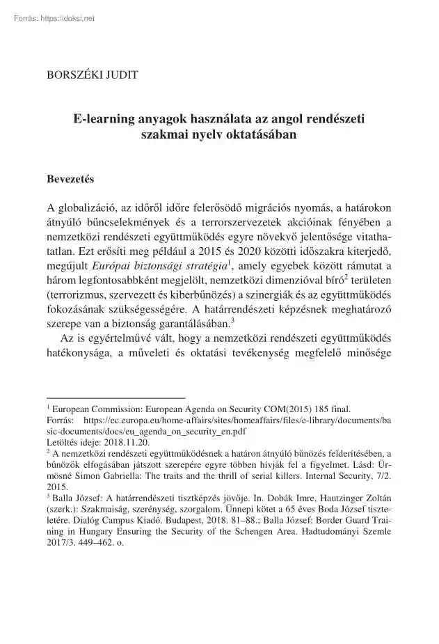 Borszéki Judit - E-learning anyagok használata az angol rendészeti szakmai nyelv oktatásában
