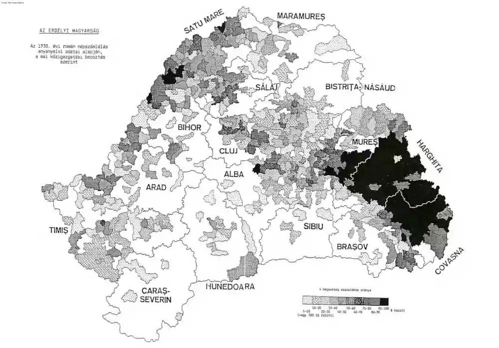 Az erdélyi magyarság területi elhelyezkedése, számaránya 1930-ban, térkép