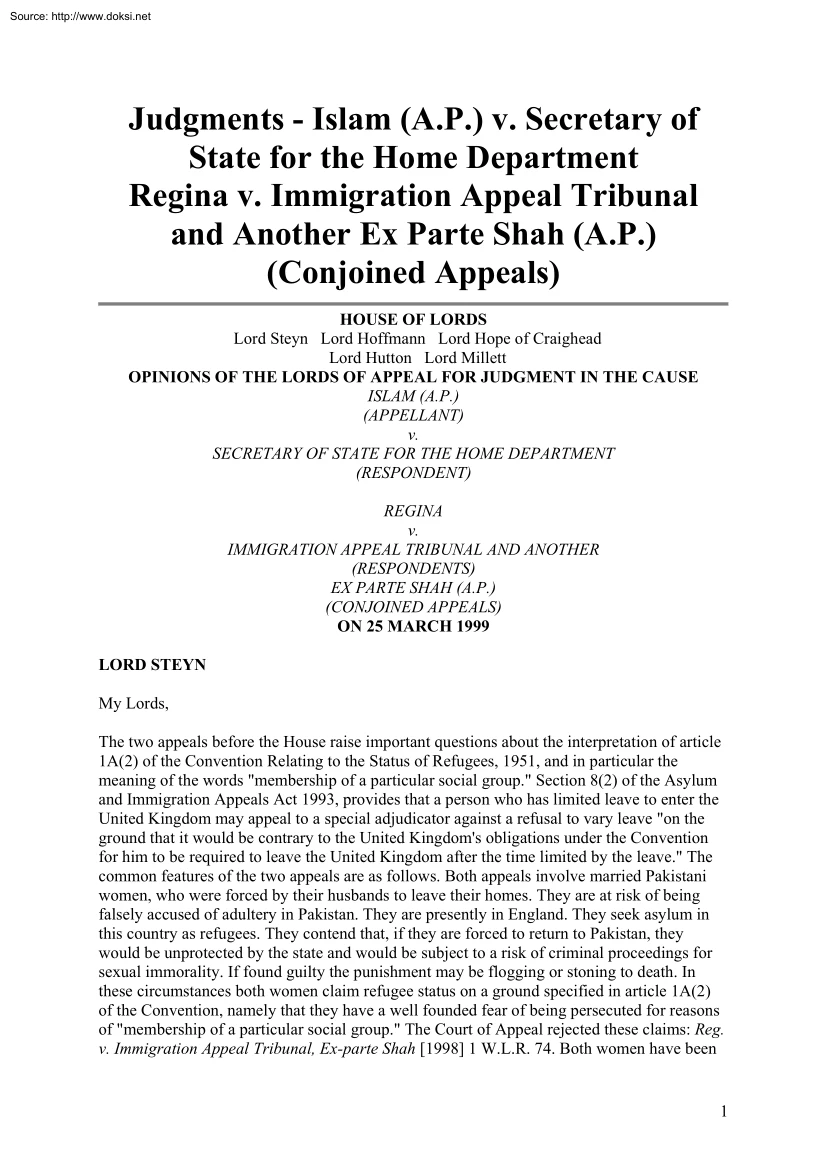 Judgments, Islam v. Secretary of State for the Home Department Regina v. Immigration Appeal Tribunal and Another Ex Parte Shah
