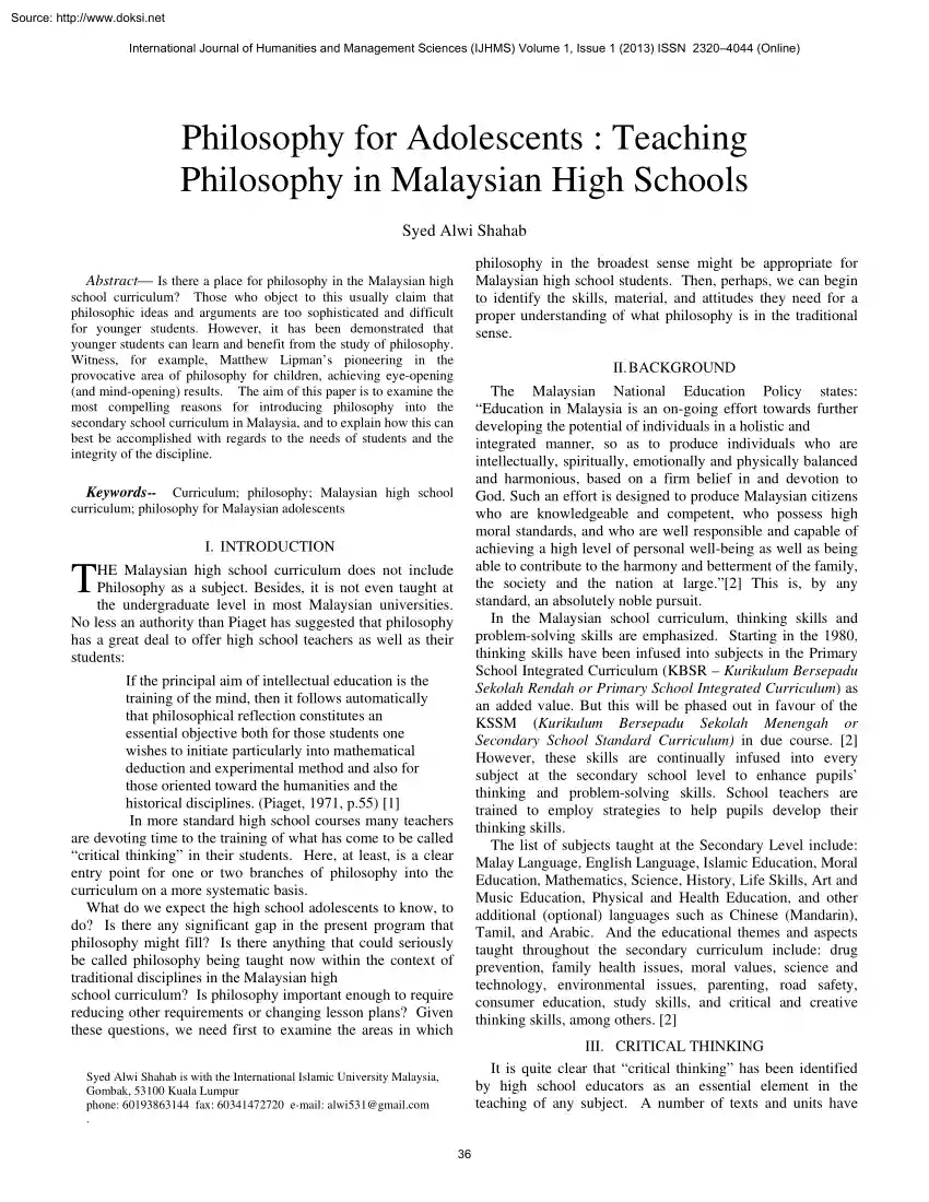 Syed Alwi Shahab - Philosophy for Adolescents, Teaching Philosophy in Malaysian High Schools