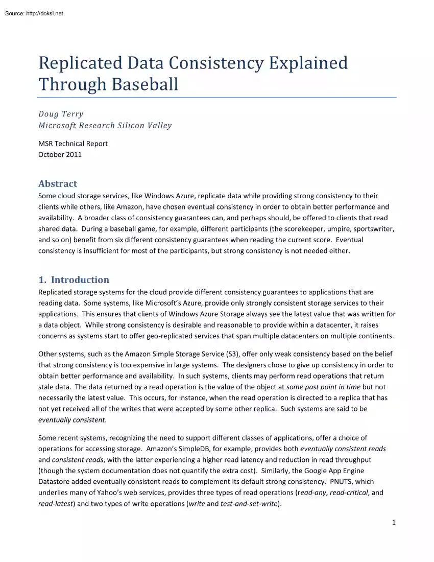 Doug Terry - Replicated Data Consistency Explained Through Baseball