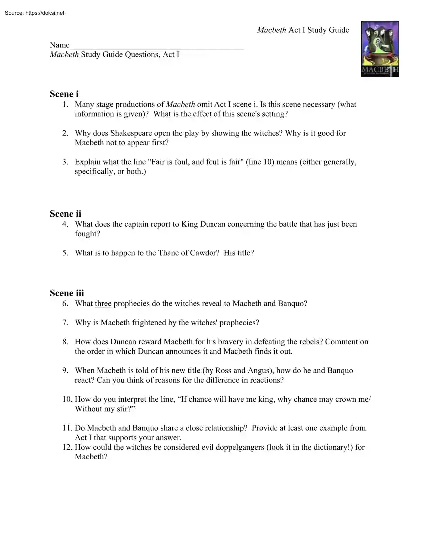 Macbeth Study Guide Questions, Act I