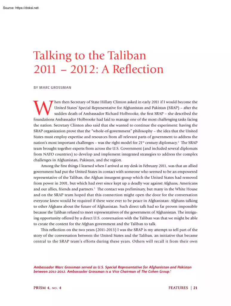 Marc Grossman - Talking to the Taliban from 2011 to 2012, A Reflection
