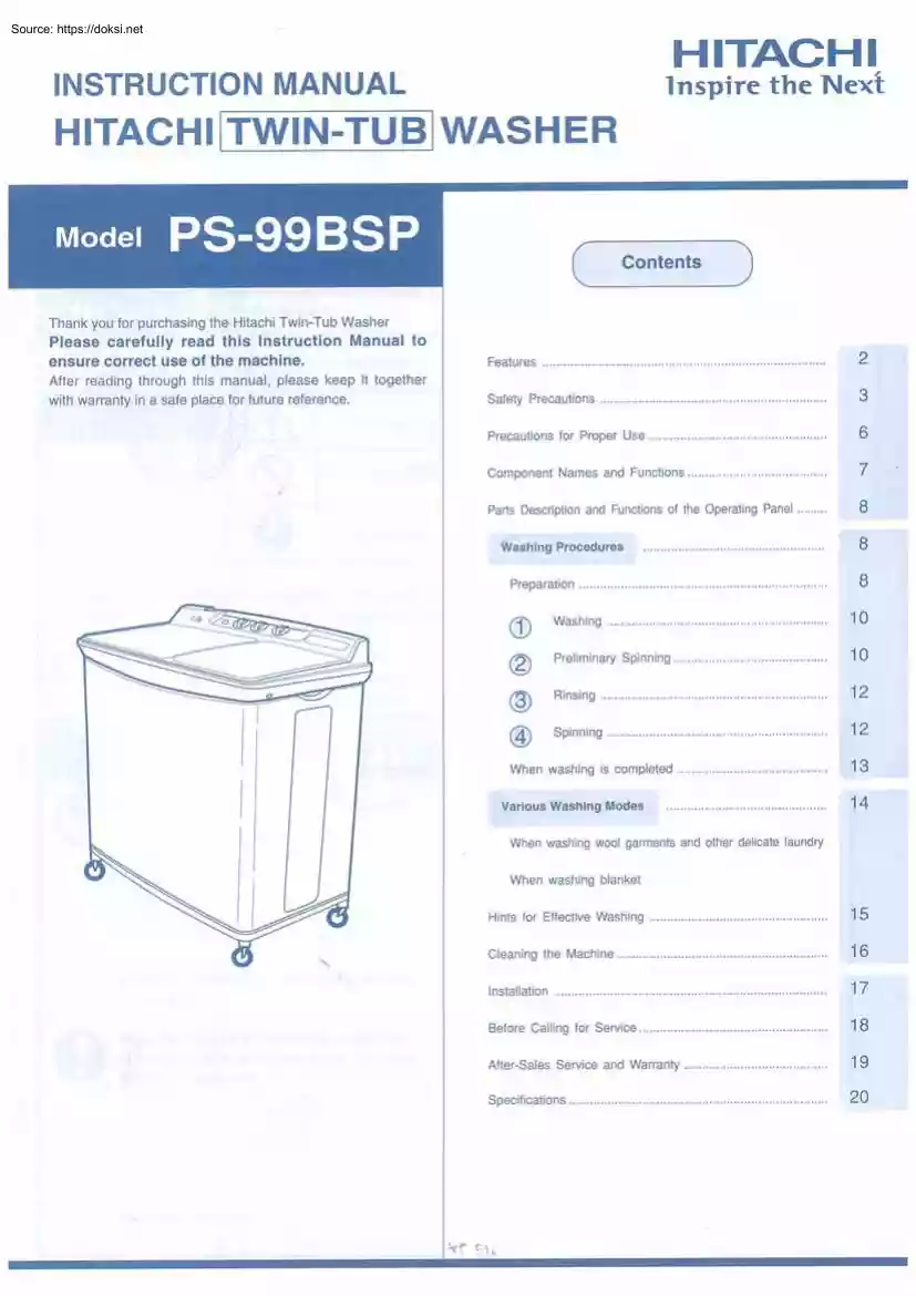 Instruction Manual Hitachi Twin-Tub Washer, model PS-99BSP