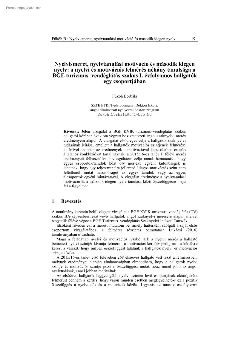 Füköh Borbála - Nyelvismeret, nyelvtanulási motiváció és második idegen nyelv, a nyelvi és