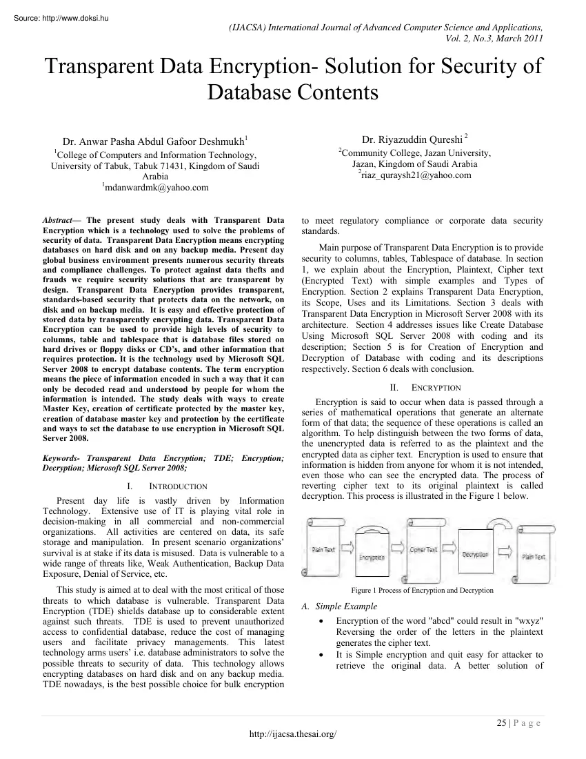 Transparent data encryption, Solution for security of database contents