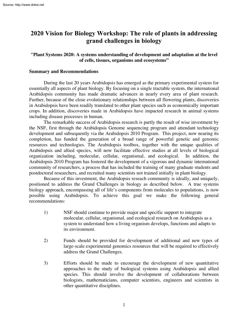 2020 Vision for Biology Workshop, The role of Plants in Addressing Grand Challenges in Biology