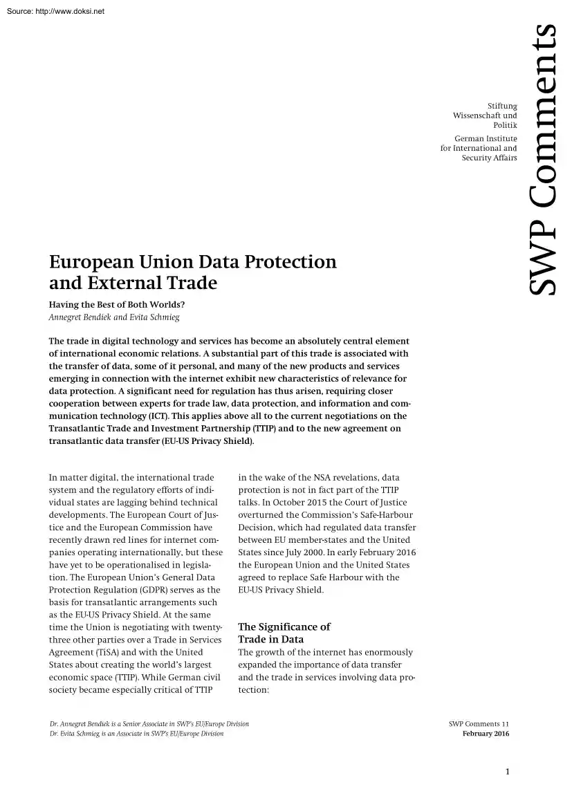 Bendiek-Schmieg - European Union Data Protection and External Trade