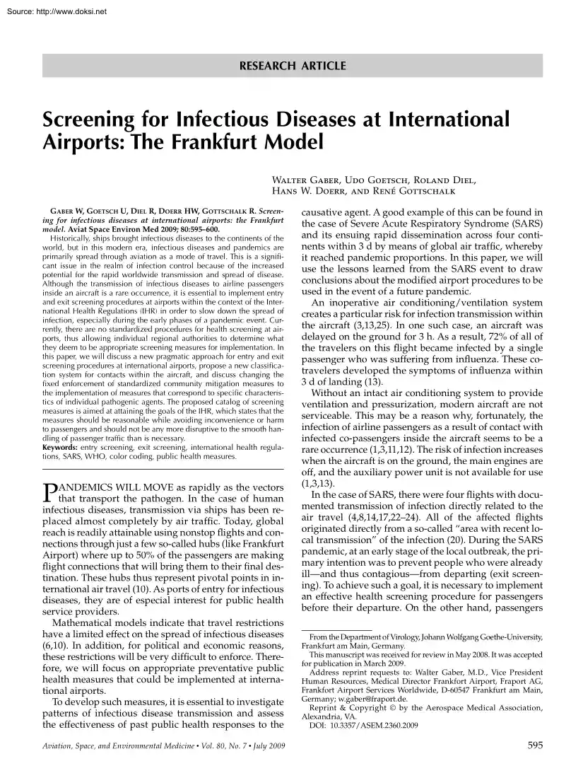 Screening for Infectious Diseases at International Airports, The Frankfurt Model