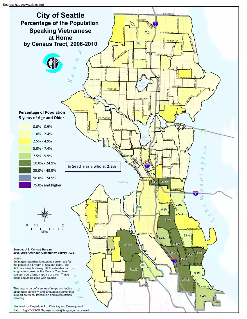 City of Seattle, Percentage of the Population Speaking Vietnamese at Home