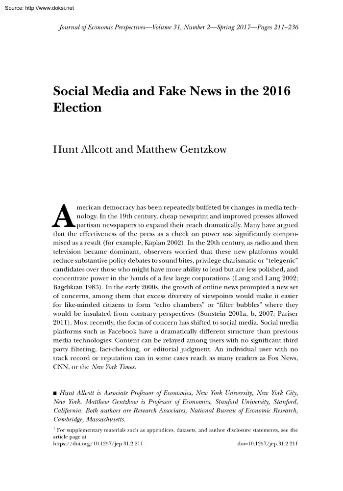 Allcott-Gentzkow - Social Media and Fake News in the 2016 Election