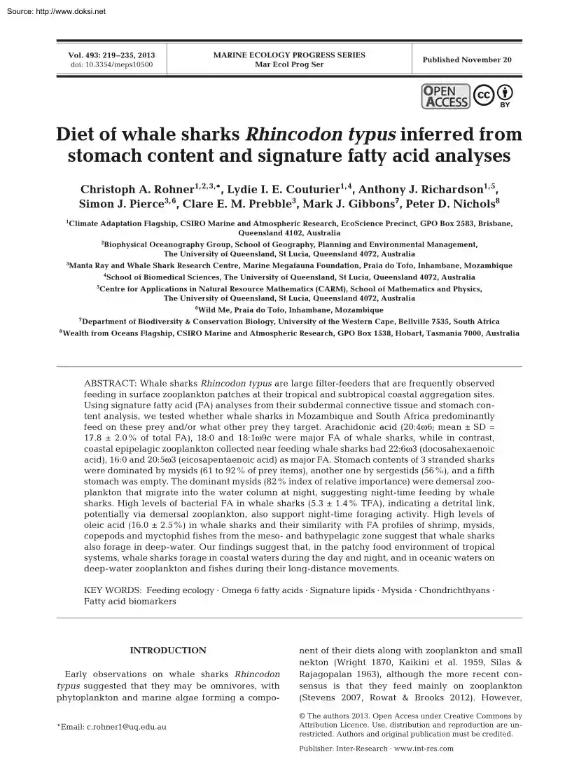 Diet of Whale Sharks Rhincodon Typus Inferred from Stomach Content and Signature Fatty Acid Analyses