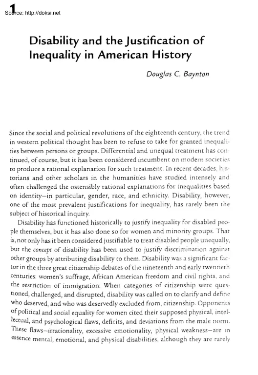 Douglas C. Baynton - Disability and the Justification of Inequality in American History