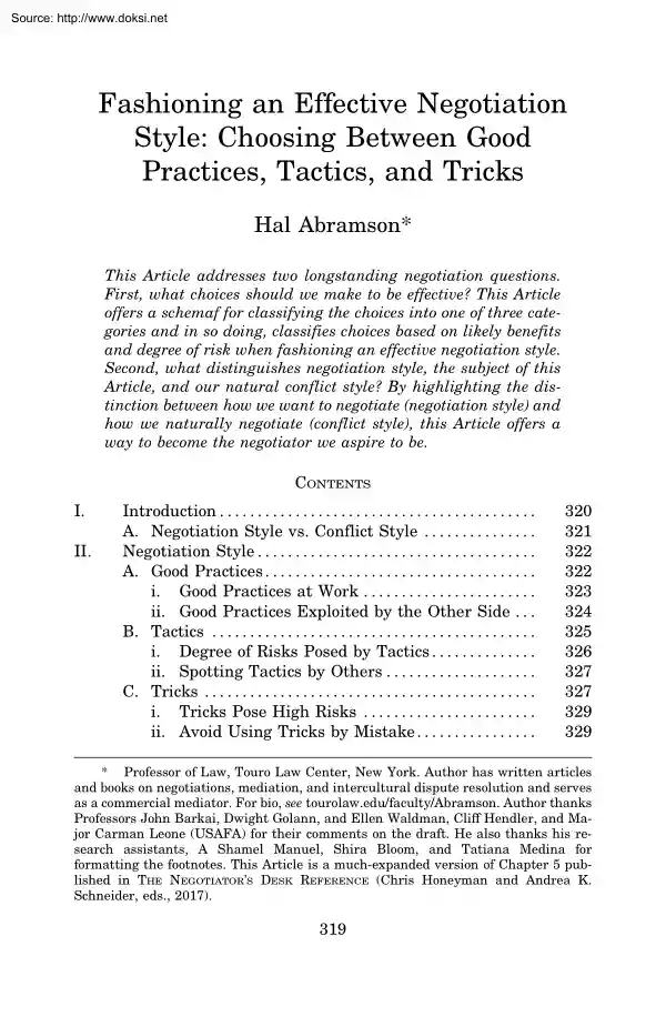 Hal Abramson - Fashioning an Effective Negotiation Style, Choosing Between Good Practices, Tactics
