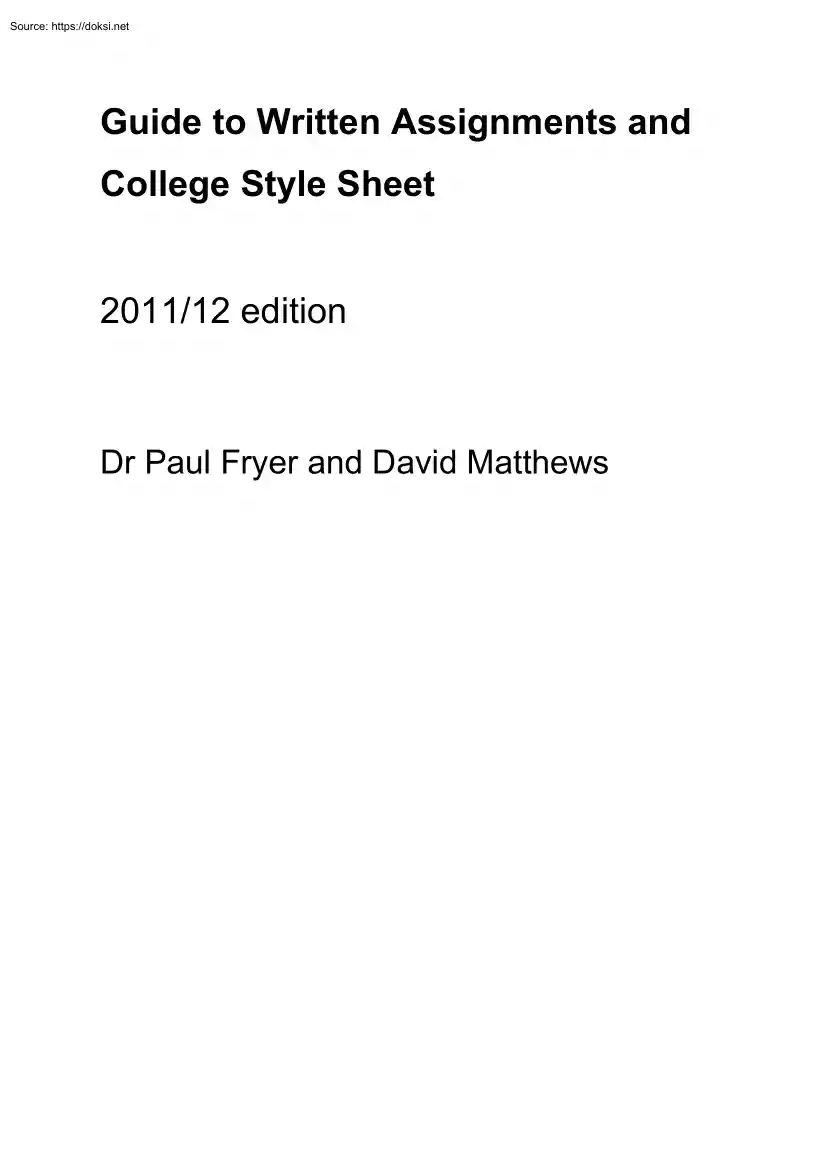 Fryer-Matthews - Guide to Written Assignments and College Style Sheet